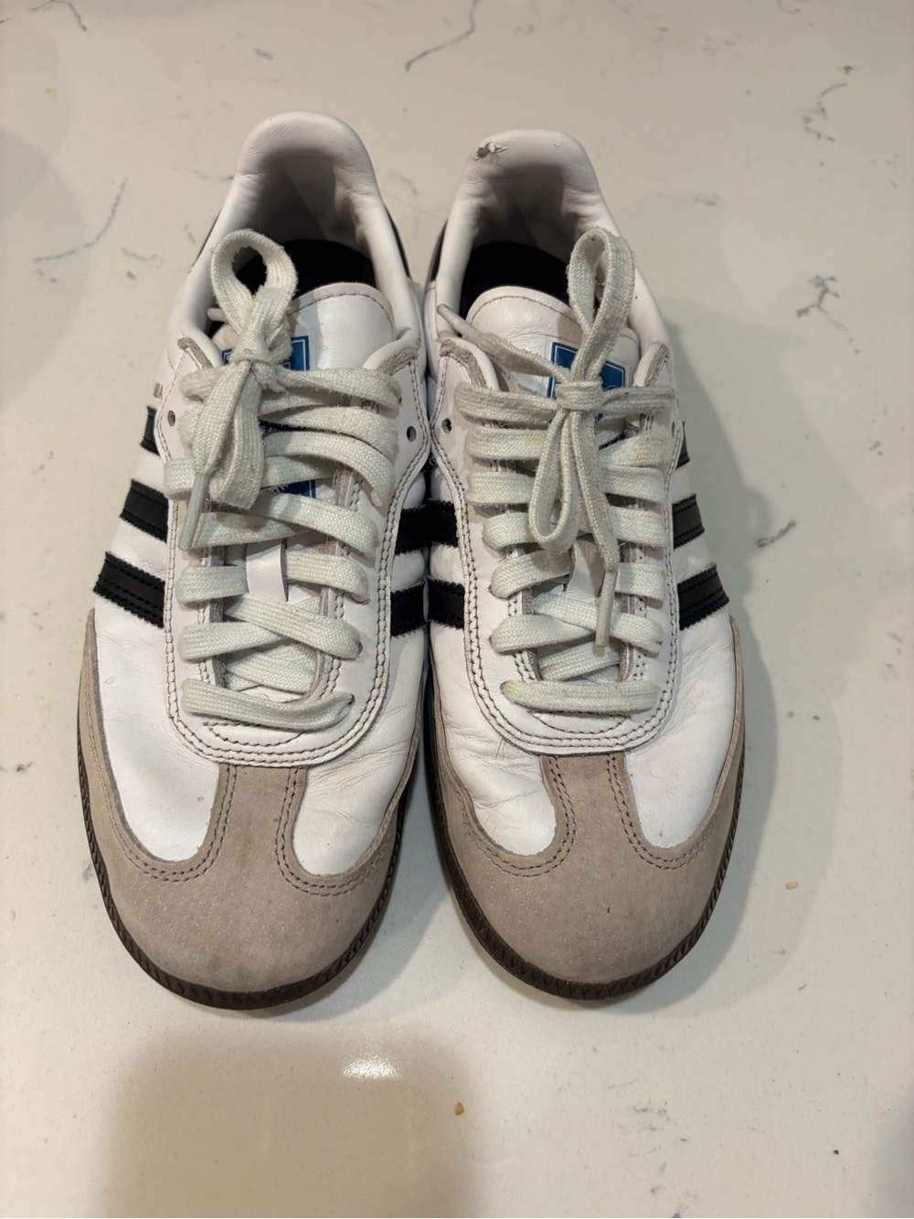 adidas samba skateboarding White Sneakers with Black Stripes and Beige Toe